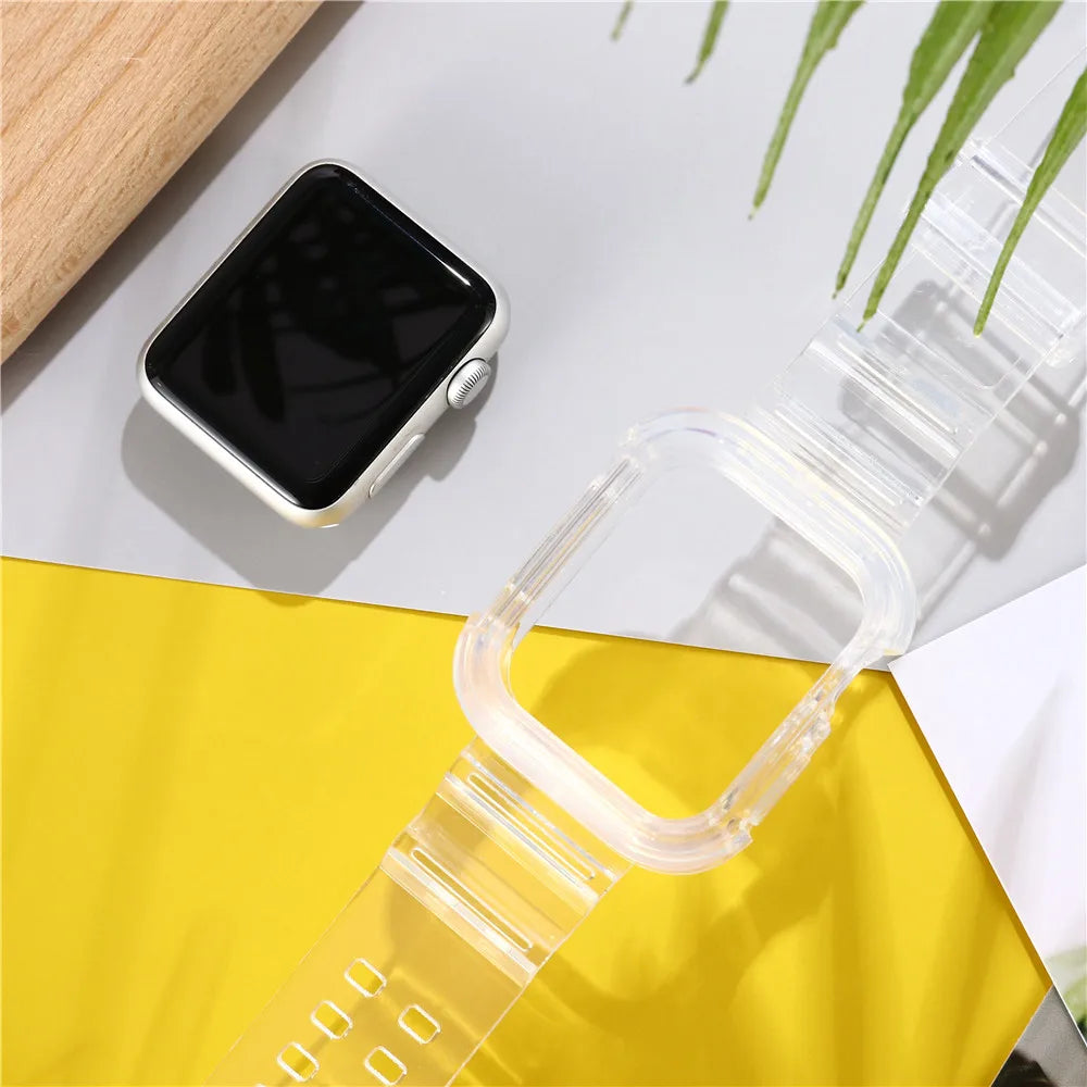 Clear Band + Case for Apple Watch Series 9 8 7 6 SE 5 49mm 45mm 44mm 38mm 41mm Transparent for iwatch 10 46mm 42mm Plastic Strap