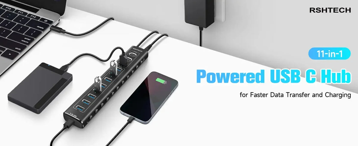 RSHTECH 60W USB 3.1 Hub 10Gbps for Laptop Macbook with 7 USB3.0 Port and 20W PD Aluminum USB Splitter Data Transfer Dock Station