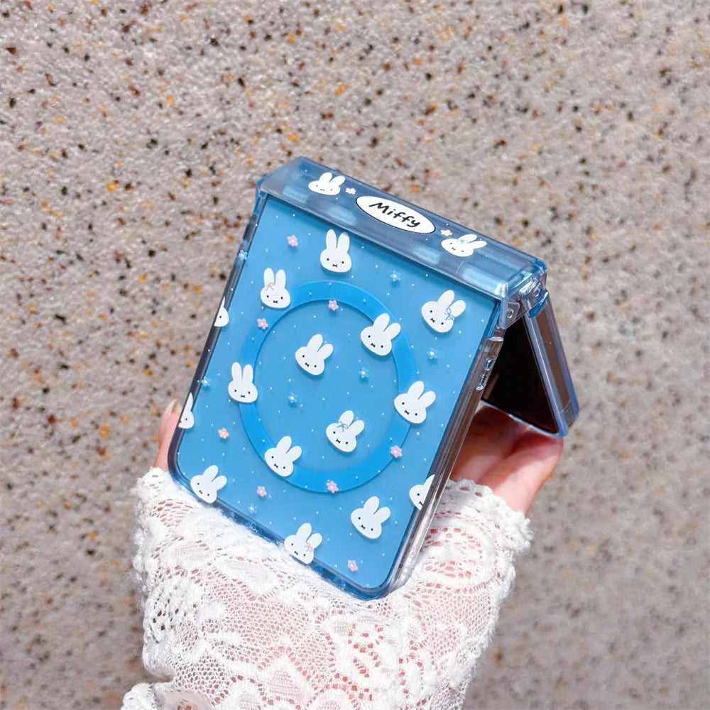 Cute polka dots Miffy Clear Folding Phone Case For Samsung Z Flip 8 7 6 5 4 3 flower Cartoon Miffy protect Cover Wrist Strap﻿﻿﻿﻿