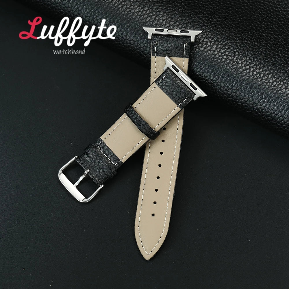 Litchi Grain Leather Watchband For Apple Watch 1-10 Ultra SE 2 Casual Watch Strap For Iwatch 38/40/41/42/44/45/46/49mm Band