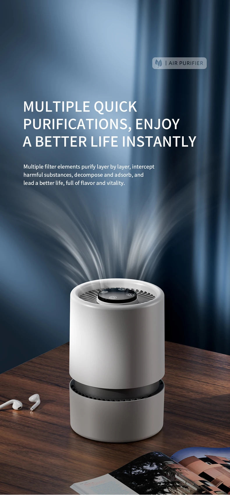 ZNLYRION Mini Desktop Air Purifier HEPA Activated Carbon Filter Negative Ion Blue Light Purification 2 Speed Wind Aroma Function Remove Formaldehyde Smoke Odor Dust