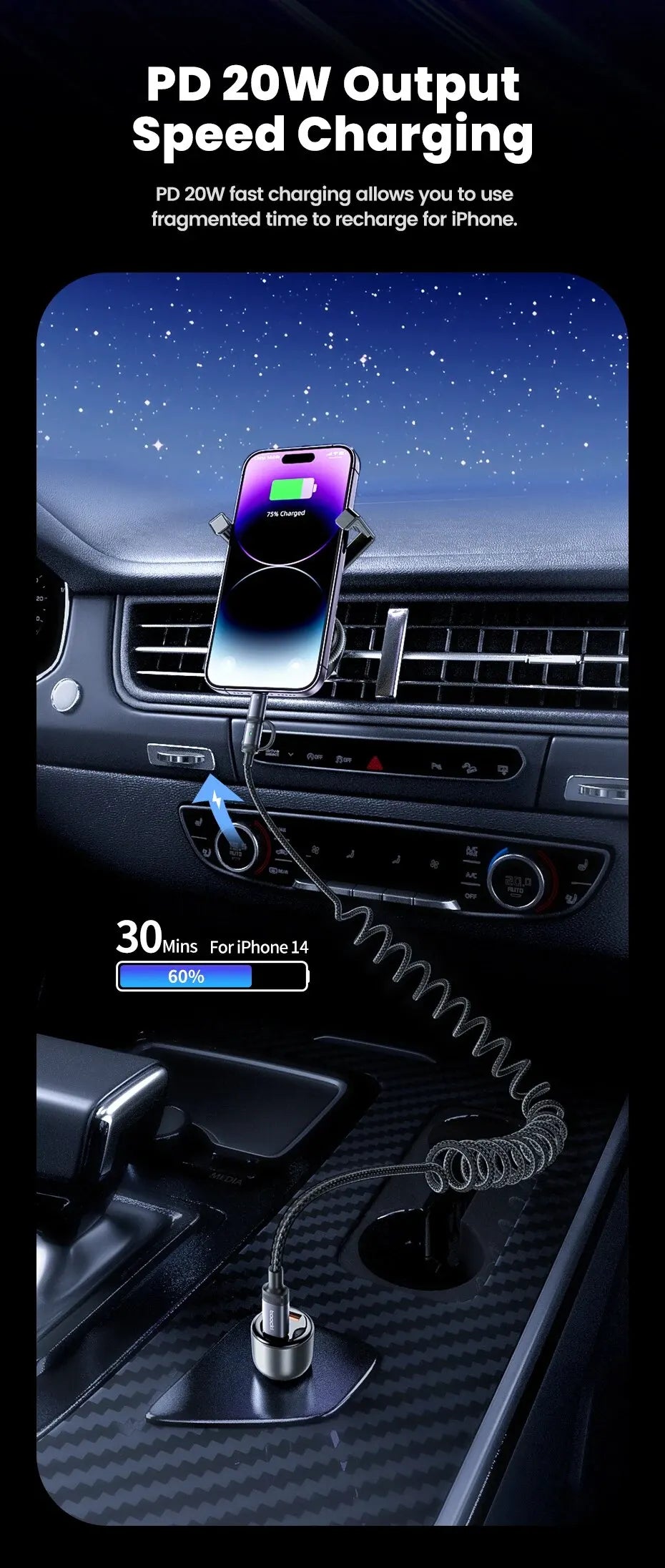 Toocki 2 in 1 PD 60W Type C Cable For iPhone 15 Pro Samsung S23 Xiaomi 2.4A Fast Charging USB Car Spring Cable For iPhone 14 13