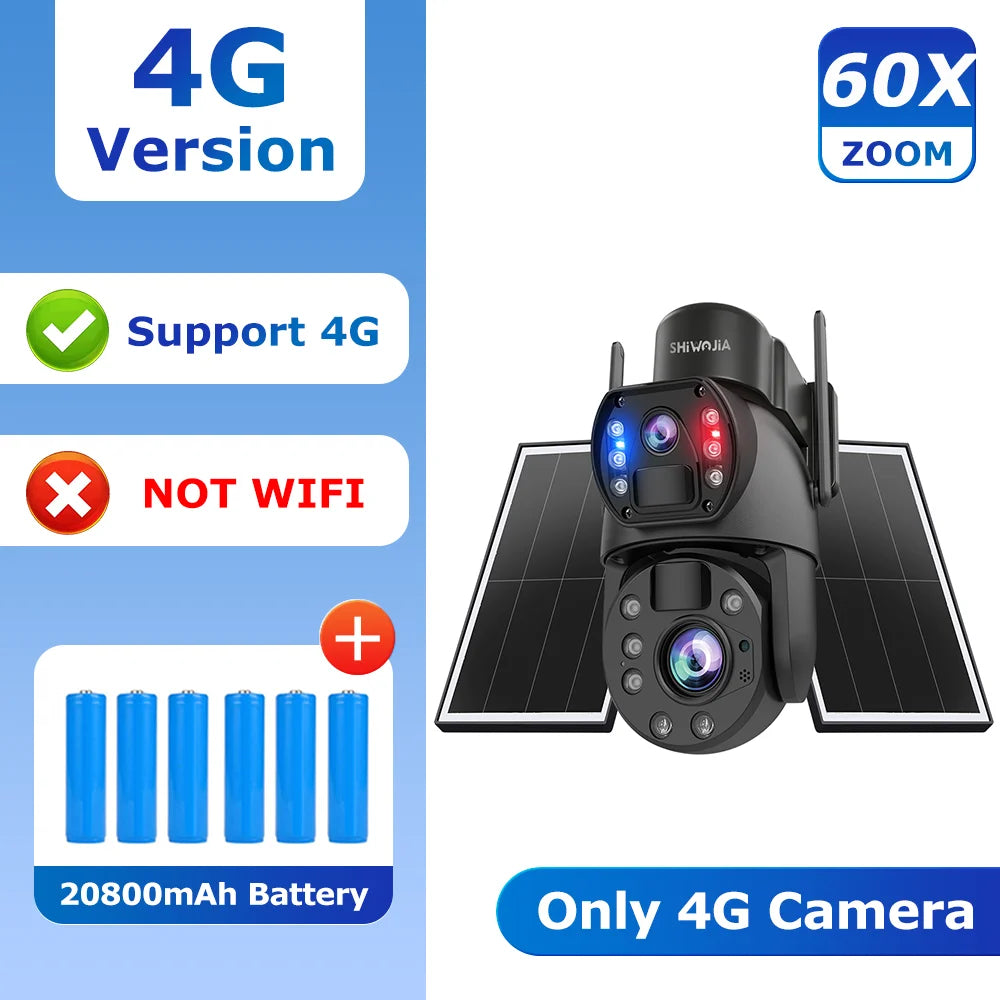 SHIWOJIA 4G Solar Security Camera Outdoor 60X Zoom Dual Screen 10MP WiFi PIR Detection AI Auto Tracking Camera UBOX
