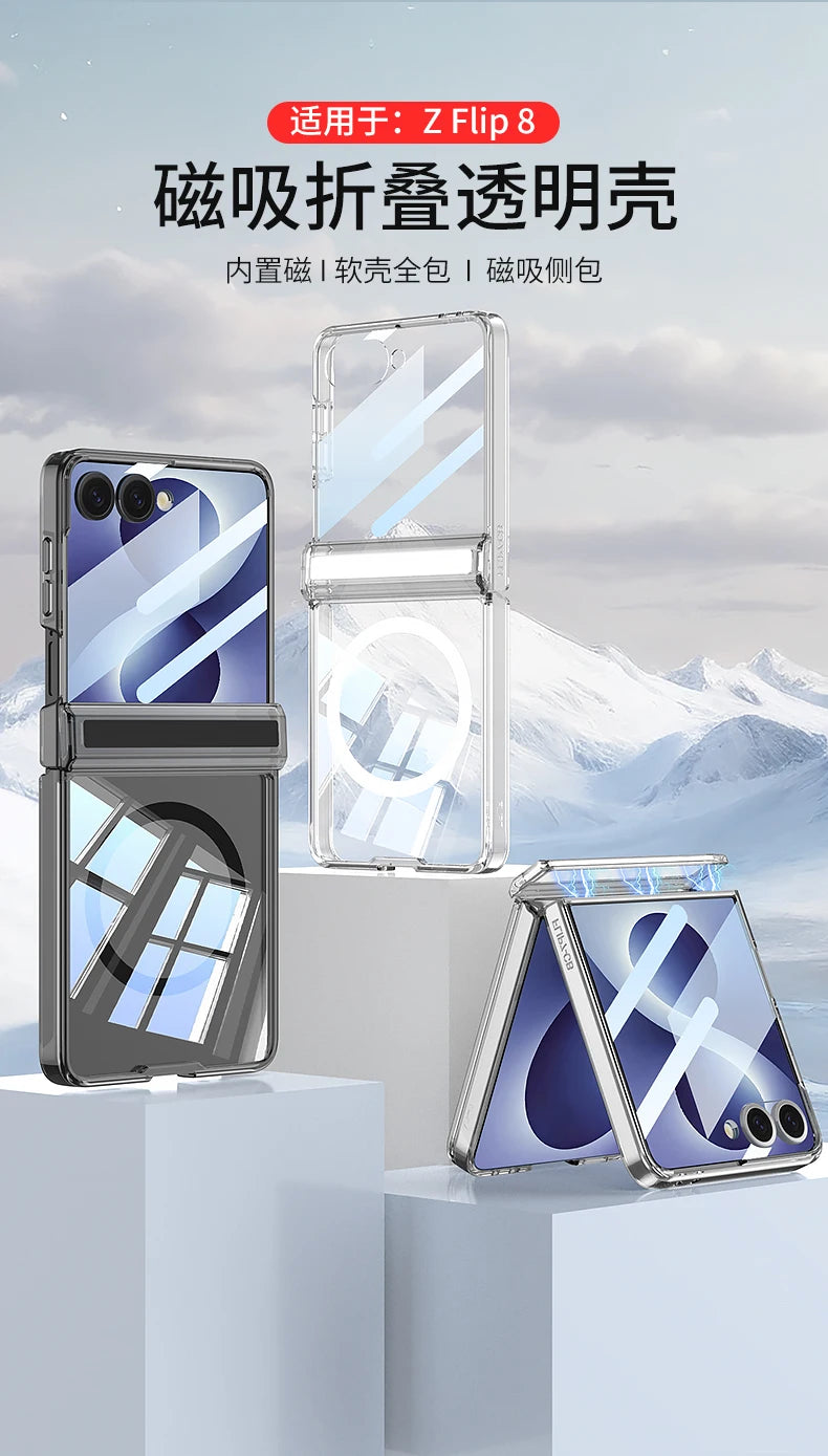 For Samsung Galaxy Z Flip 8 Case Transparent Magnetic Wireless Charging Hinge With Mirror Film Shockproof Back Cover Accessories