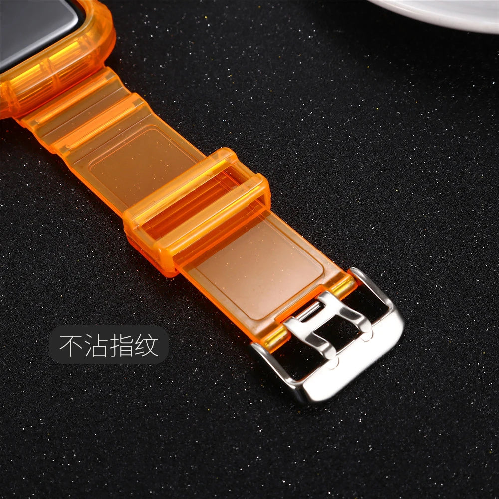 Clear Band + Case for Apple Watch Series 9 8 7 6 SE 5 49mm 45mm 44mm 38mm 41mm Transparent for iwatch 10 46mm 42mm Plastic Strap