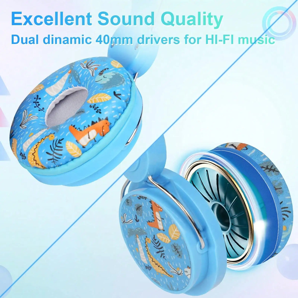 Dinosaurs Kids Headphones with Mic for School/Travel Stereo Sound Over-Ear for Kid Foldable 3.5mm Wired Headphones Kids Gifts