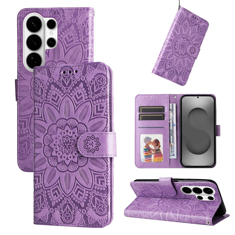 Magnetic Leather Wallet Flip Case for Samsung Galaxy S26 S25 Edge S24 S23 S22 S21 S20 S10 S10e S9 S8 Plus FE A07 Cover Sunflower