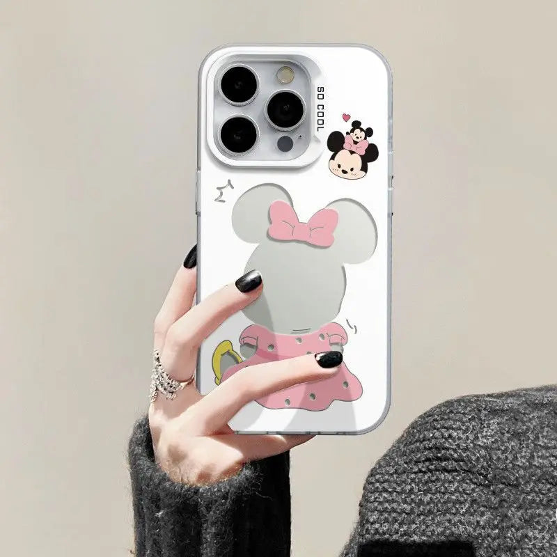 Disney Mickey Minnie Mouse Head Phone Case For IPhone 14 15 16 17 Pro Max Plus 12 13 Mini 16E Casing Hard IMD Silver Laser Cover