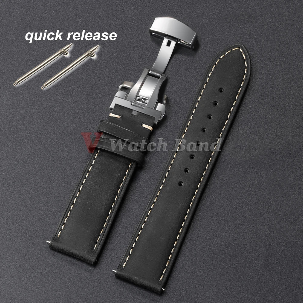 Genuine Calfskin Leather Watchband for Omega Business Watch Band for Seiko 22mm 20mm 18mm Butterfly Buckle Stitching Brown Strap