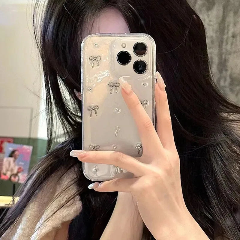 Girl's Glitter Bling 3D Bowknot Transparent Case For iPhone 17 16 15 14 Plus 13 12 11 Pro Max 17ProMax Air Clear Slim Cover
