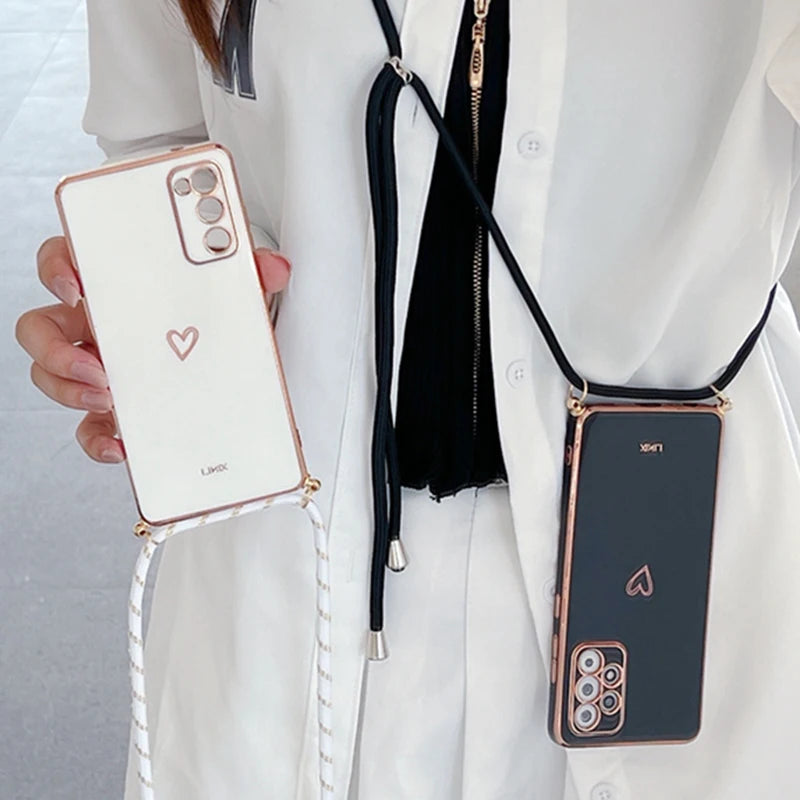 Crossbody Lanyard Strap Plating Case For Samsung Galaxy A53 A73 A33 A52 A52S A72 A32 A51 4G 5G S22 S21 S20 Fe Plus Ultra Cover