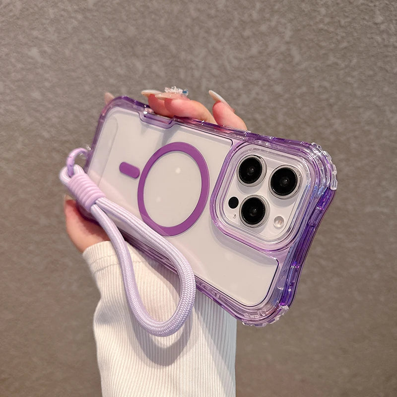 3IN1 Candy Color Clear Shockproof Phone Case for IPhone 17Air 16E 15 14 Plus 13 12 Pro Max Lanyard Magnetic Charge Protect Cover