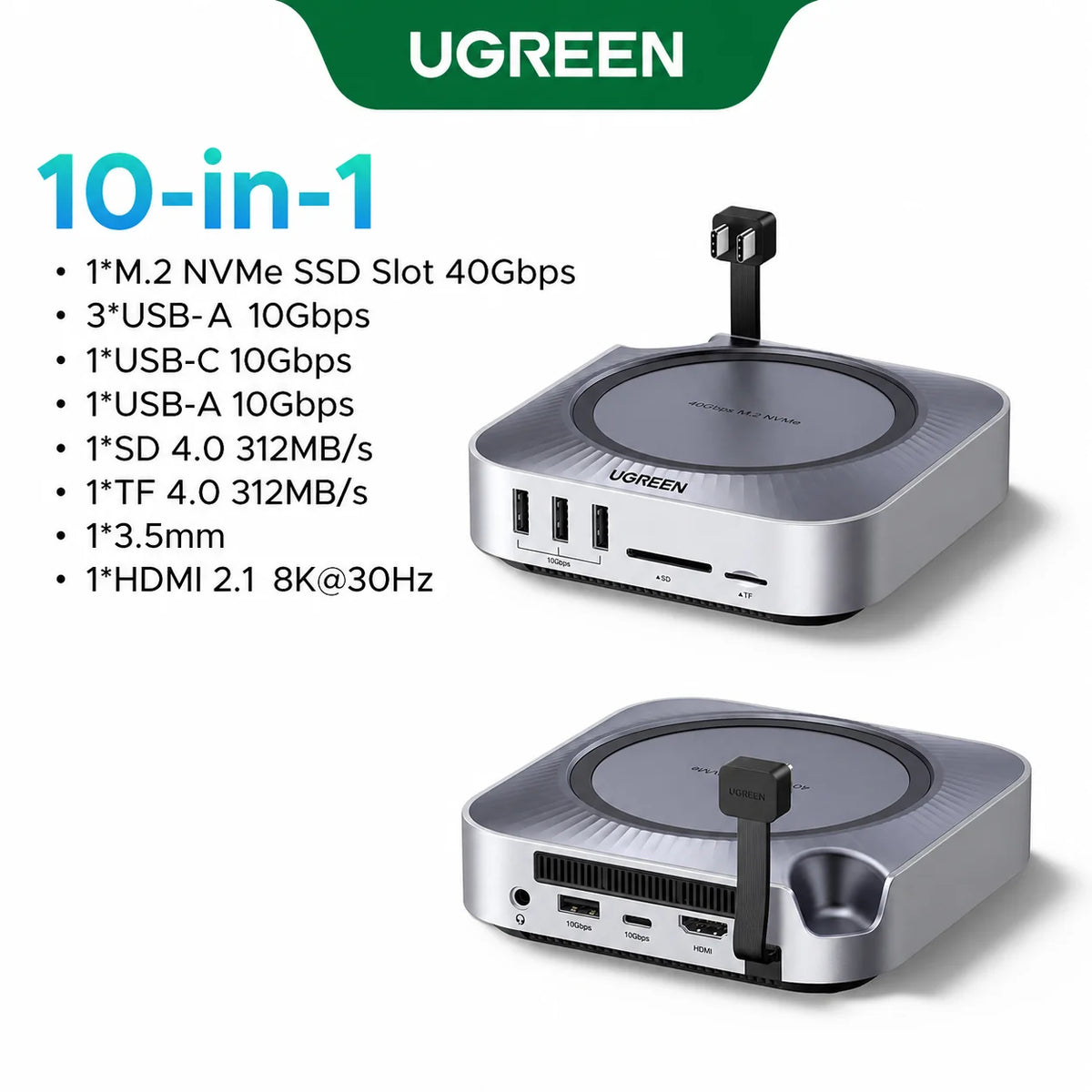 UGREEN Mac Mini Docking Station USB HUB Type-C to DP 4K240Hz M.2 NVMe SSD Slot 10Gbps SD&TF 3.5MM for Mac Mini M4/M5Pro/M6Stand