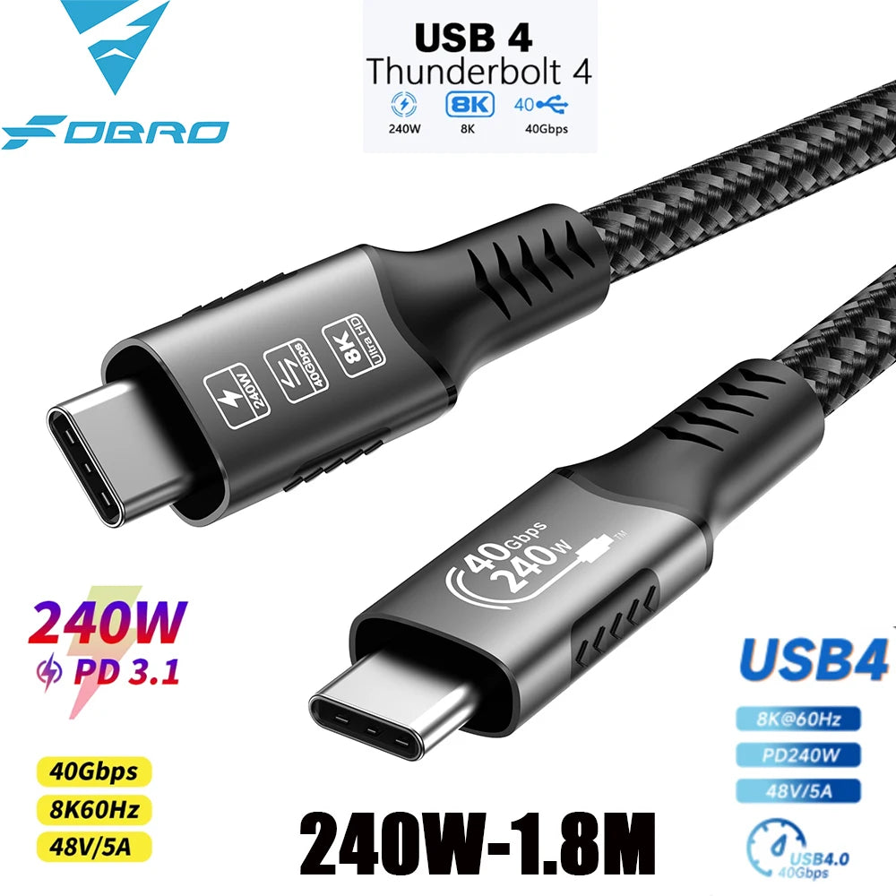 USB4 Cable 40Gbps 48V 240W For Thunderbolt 4 Type C Fast Charging Cable Thunderbolt3 USB C to C Data Transfer Cable For Laptop