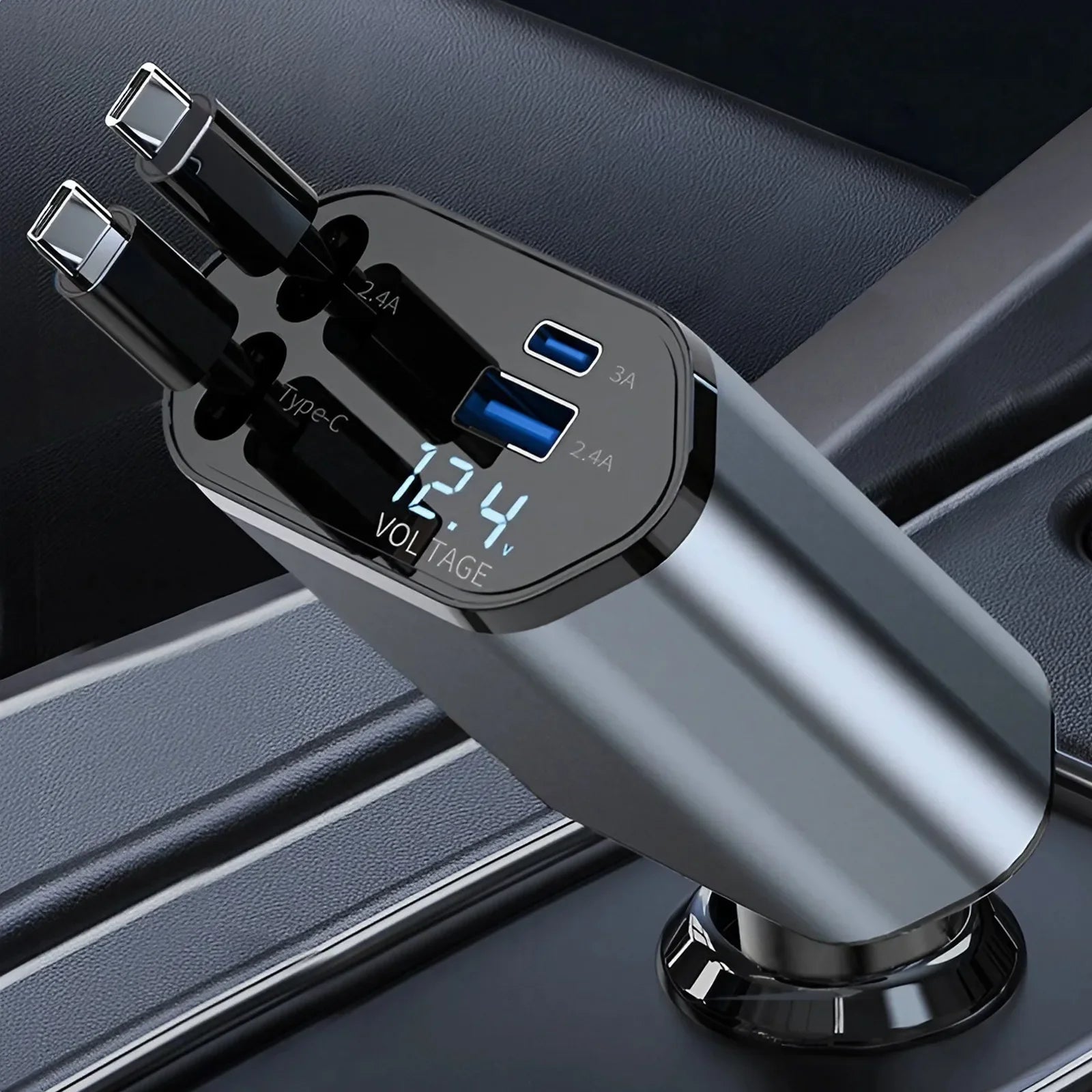 4 in 1 Retractable Car Charger Fast Charging Car Charger  with USB Type-C Cable & 2 Type C Charging Ports, Universal Car Charger