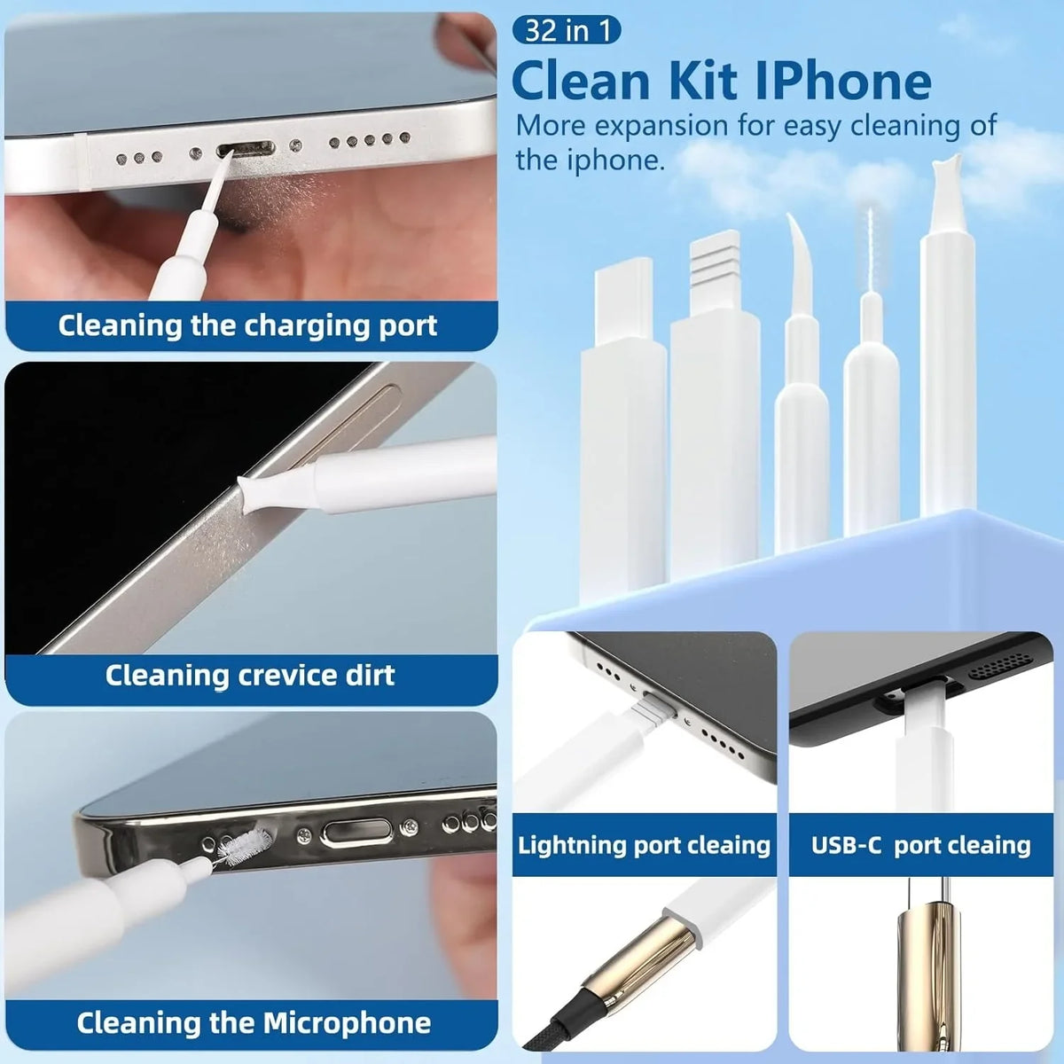 20/32-in-1 Multi-Functional Deep Cleaning Kit for iPhone Ports, AirPods, Keyboard, and Keycap Removal - Precision Tools