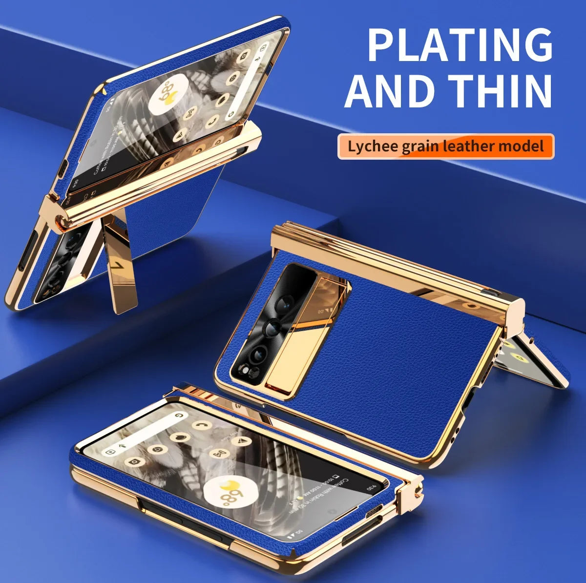 Phone case For Google Pixel Fold Plain Leather Plating Bracket Double Hinge with Pen Shell Film All-inclusive Protective Case