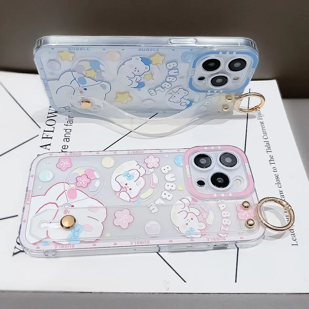 SoCouple Bear Rabbit Wrist Strap Case For Samsung S23 S24 S22 S21 S20 FE Plus Ultra Note 10 20 Soft Silicone Phone Holder Cover