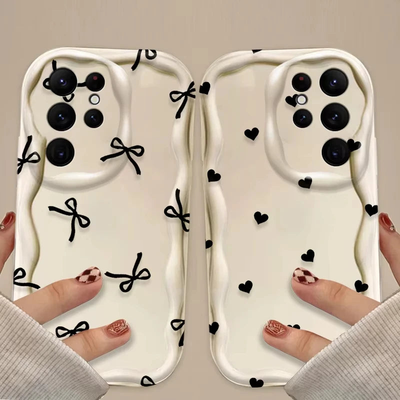 Black Bowknot Heart Phone Case for Samsung Galaxy S26 S25 S24 Ultra S23 S22 S21 S20 Plus FE A56 A55 A54 A35 A16 Silicone Cover