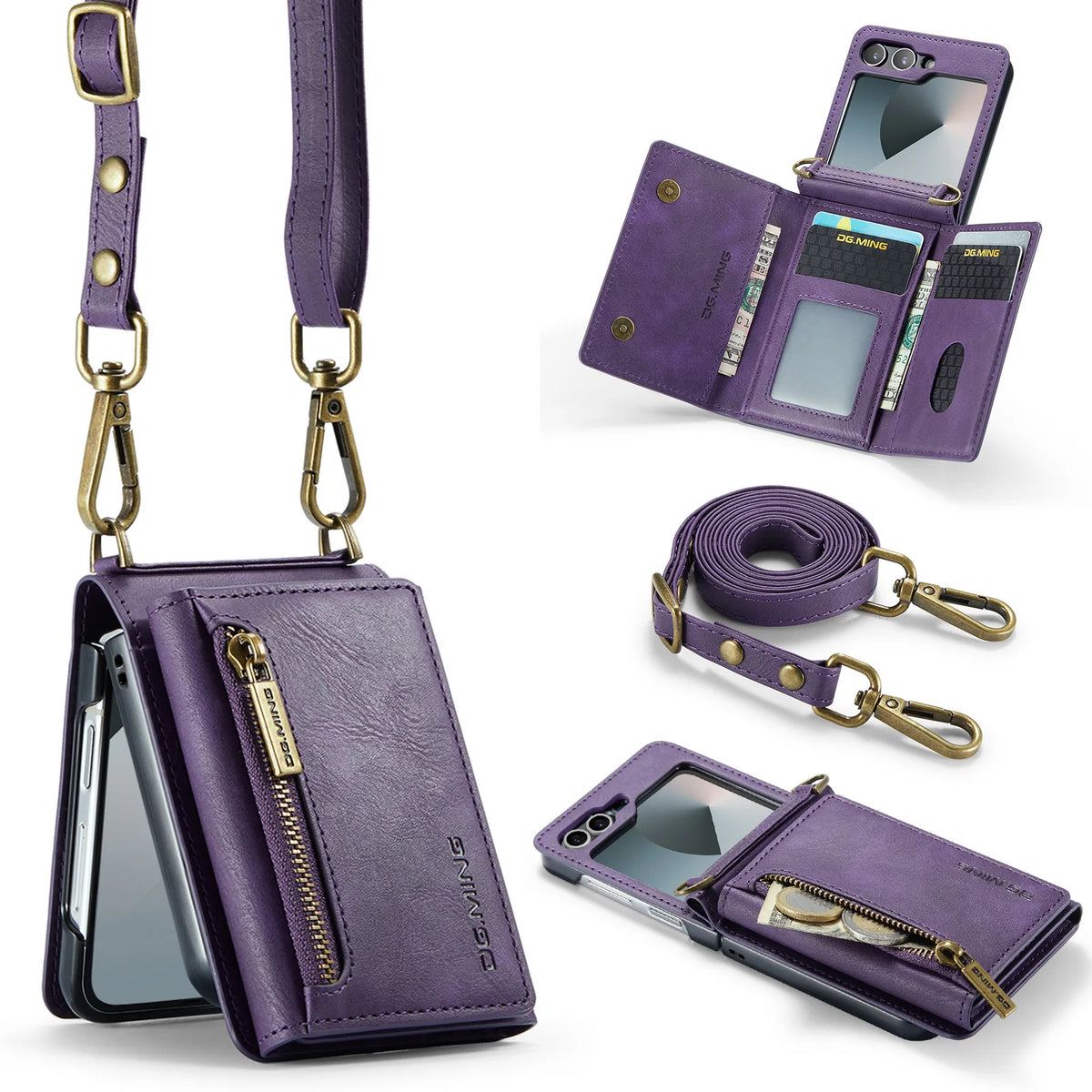 2 in 1 Luxury Leather Flip Phone Case For Samsung Galaxy Z Flip 8 7 6 5 4 3  Magnetic Wallet Card Solt Zipper Lanyard Cover ﻿