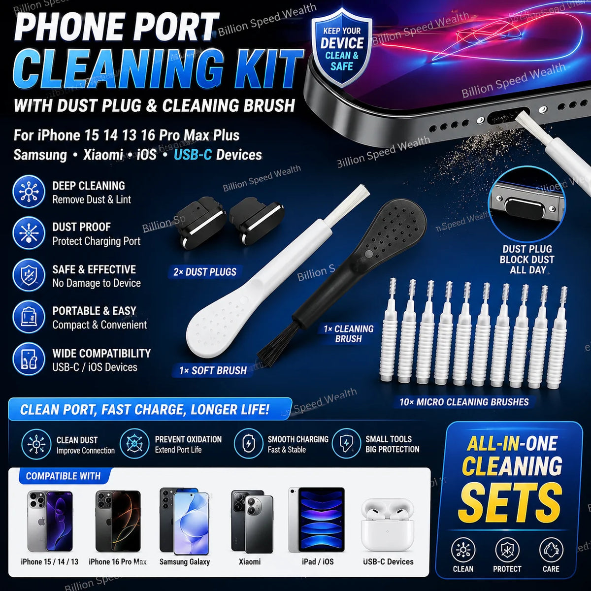 Cell Phone Charging Port Dust Plug with Cleaning Brush for IPhone 15 14 13 16Pro Max Plus Samsung Xiaomi IOS Type C Cleaner Set