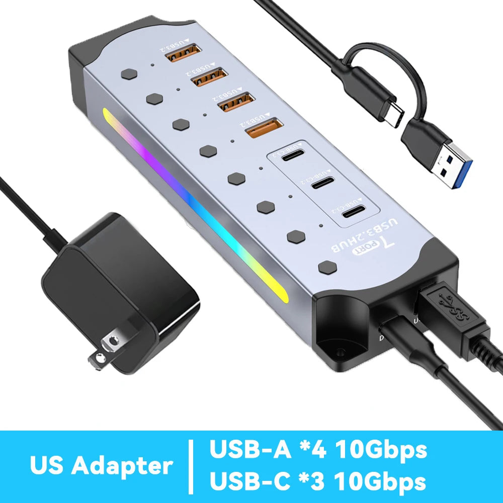 7Port USB 3.2 USB-C Hub 10Gbps USB-A USB-C Ports Splitter Individual Switches 12V US/EU Power Adapter Expander for Laptop PC