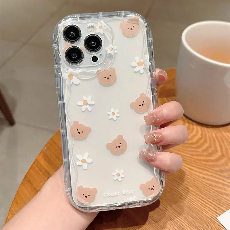 Cute Sweet Bow Bear Case For Samsung Galaxy S25 Ultra S22 S21 S20 Plus S21FE S20FE S25FE A31 Cartoon Silicone Wave Side Cover