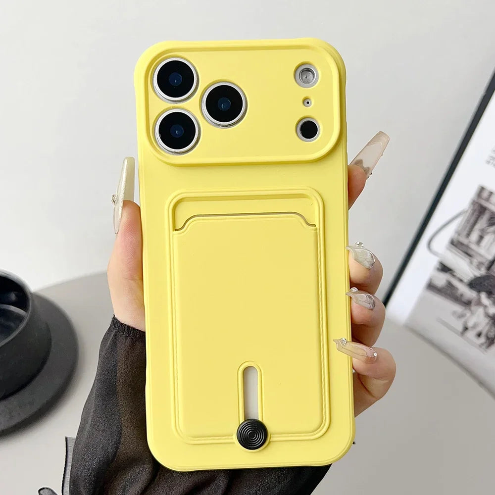 Fine hole sliding card holder silicone phone case for iPhone 17 17E 16E 16 15 14 13 12 11 Pro Max Air Mini shockproof soft Cover