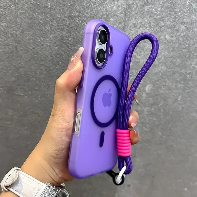 for Magsafe Candy Color Contrast Lanyard Case for iPhone 16 15 14 11 12 13 Pro Max Plus 16e Hand Wrist Strap Matte Soft Cover