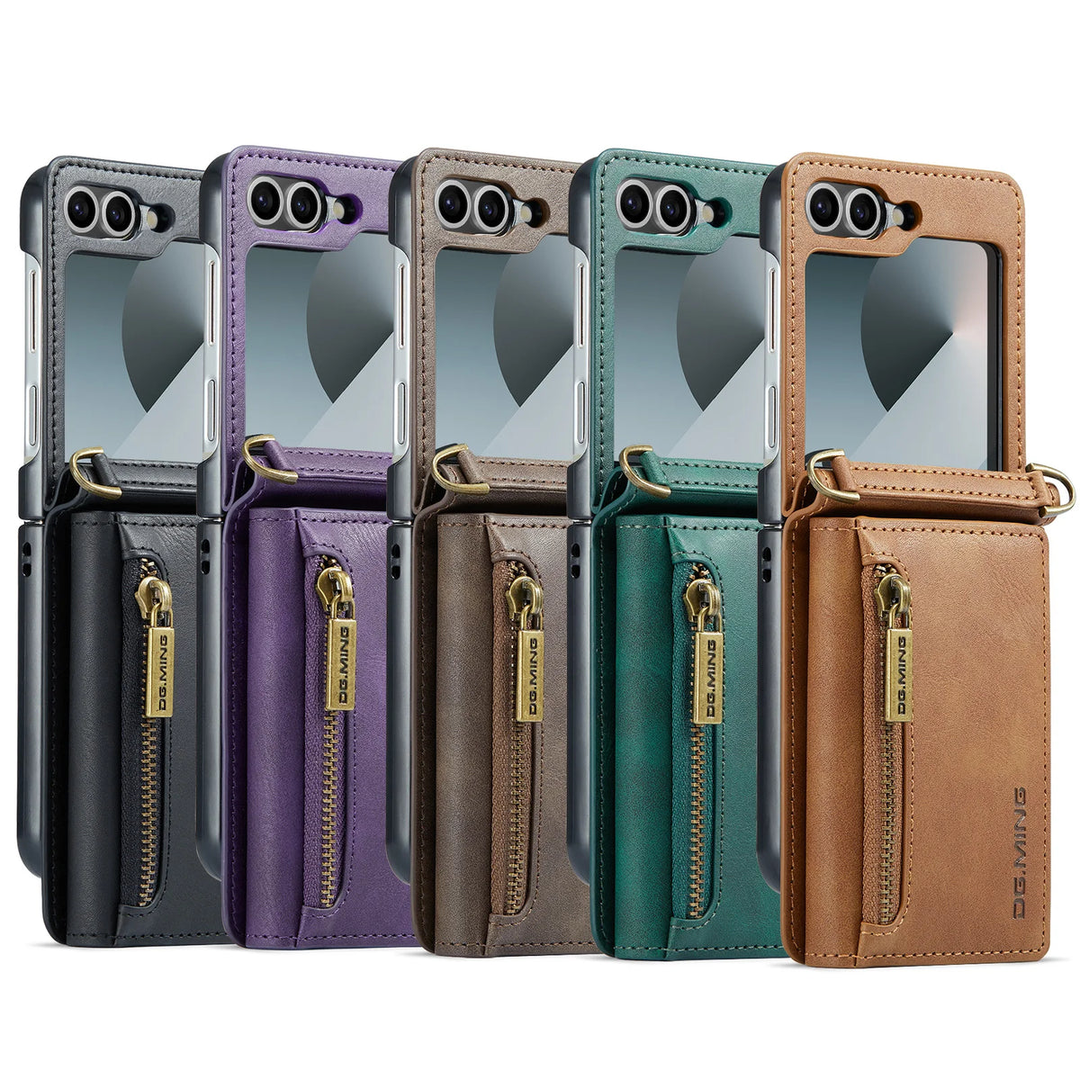 2 in 1 Luxury Leather Flip Phone Case For Samsung Galaxy Z Flip 8 7 6 5 4 3  Magnetic Wallet Card Solt Zipper Lanyard Cover ﻿