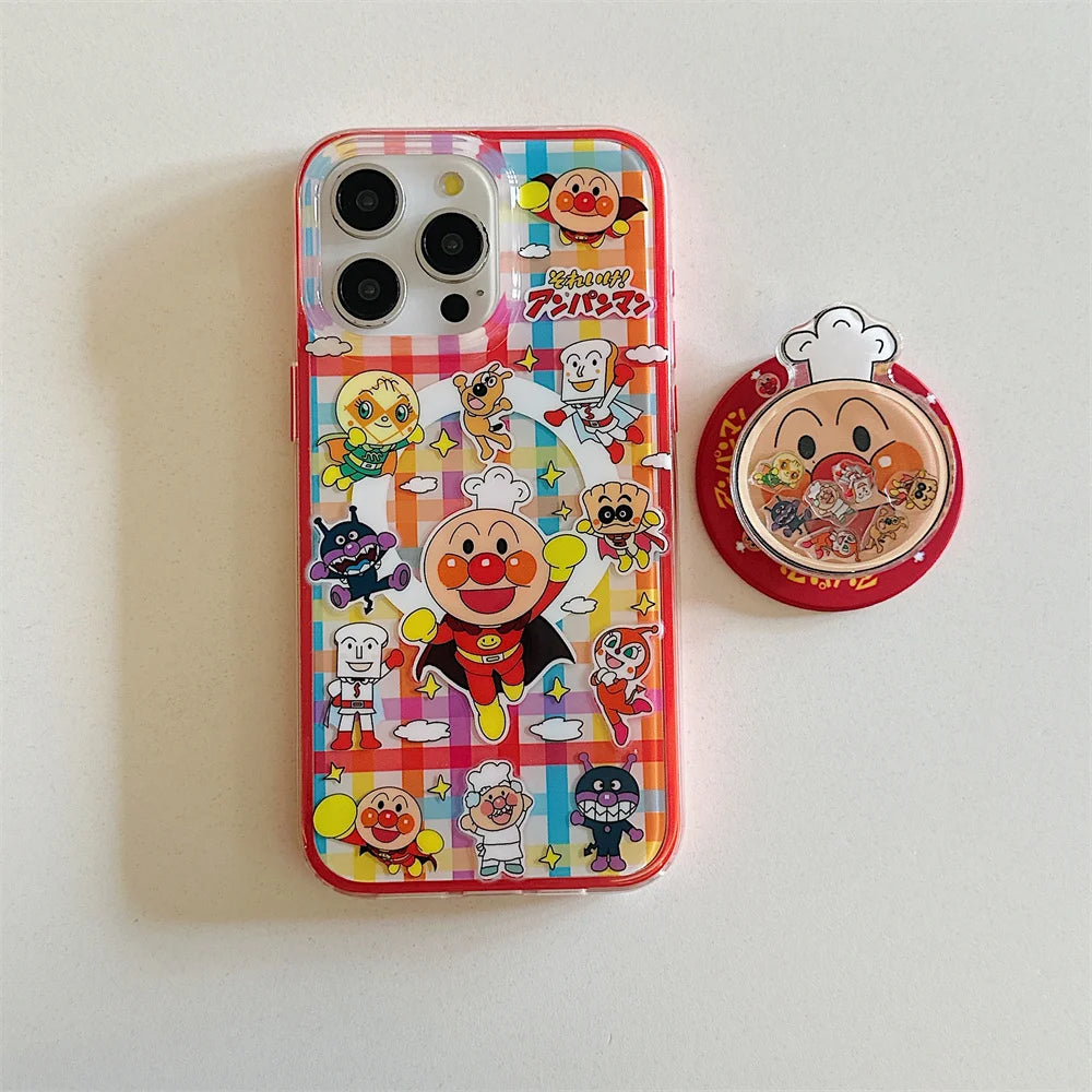 Anime cartoon bread superhero phone case, suitable for iPhone 13, 14, 15, 16 Pro Max Fundas, with stand and shock-absorbing prot