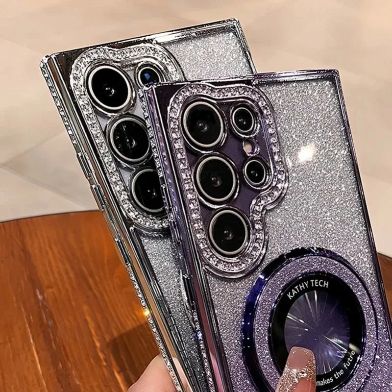 Magnetic Glitter Diamond Gradient Case For Samsung Galaxy S26 S25 S24 S23 Ultra Plus For Magsafe Stand Bling Bracket Cases Cover