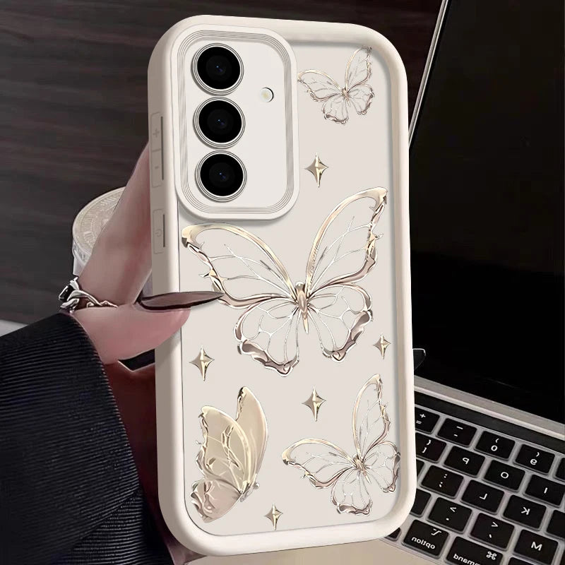 Gold Butterfly Print Case For Samsung Galaxy S26 S25 S23 Ultra S24 FE A57 A56 A17 A36 A26 A55 A16 A15 A35 A25 5G Soft TPU Cover