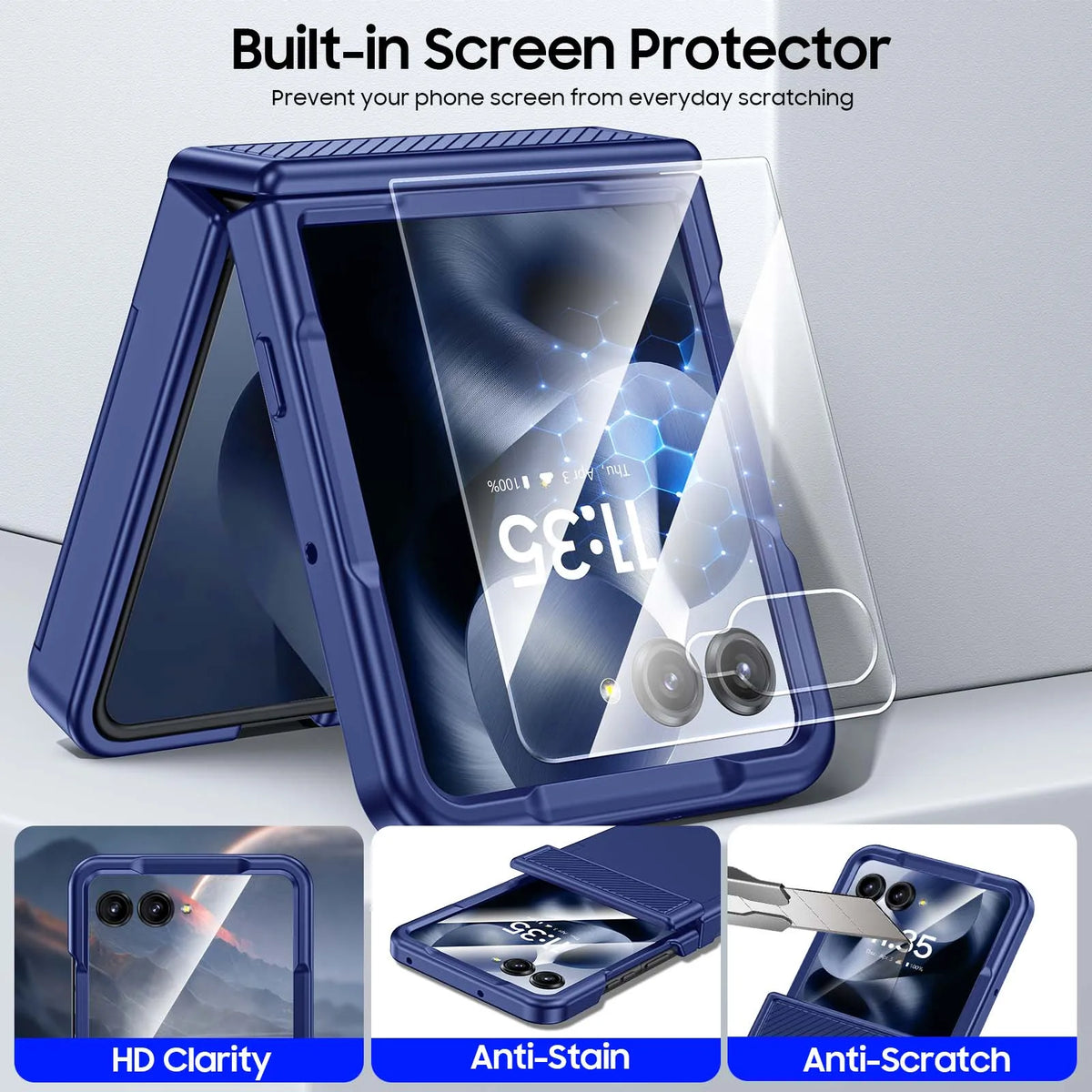 With Card Clip,Hinge Protection,RFID Shielding and Screen Protector,Christmas Gift,for Moto Razr 60 2025/50 2024 Case-Blue