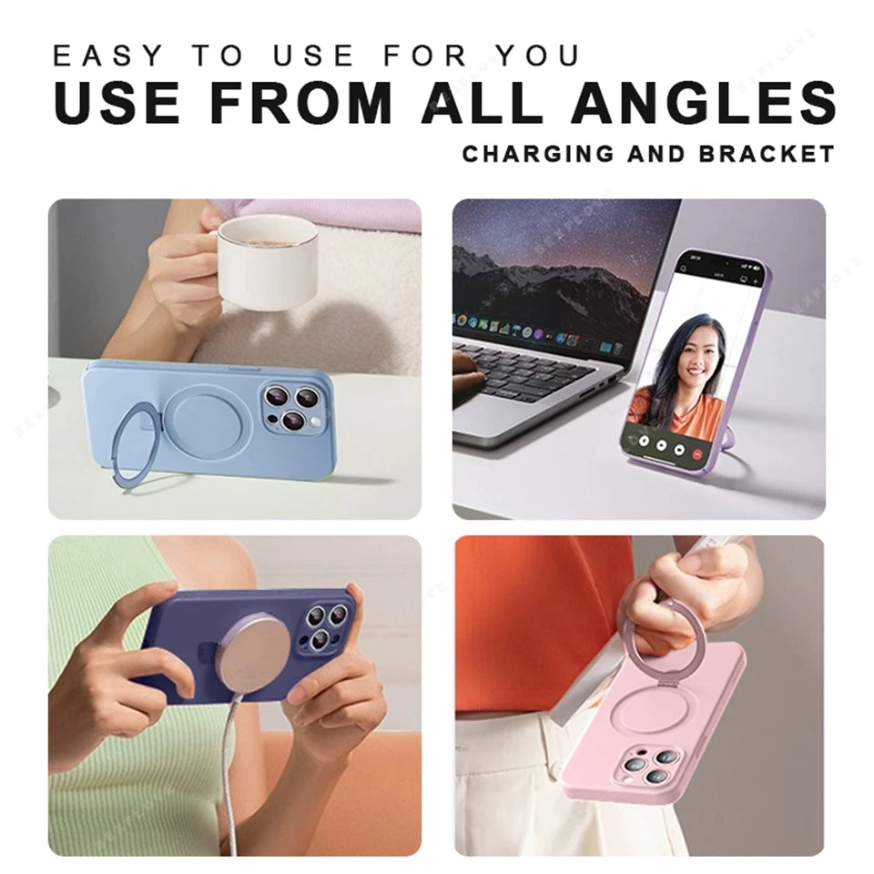 Liduid Silicone Magnetic Stand Phone Case For iPhone 15 14 16 Plus 11 12 13 16 Pro Max Magsafe Charge Protector Soft Cover