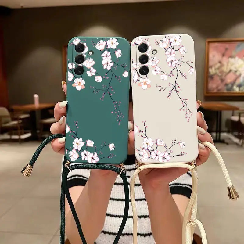 S24 Delicate Flowers Lanyard Silicone Phone Case For Samsung S24 S24Plus S21 S21FE S23FE S23Plus S22Ultra S20FE S24Ultra Cover