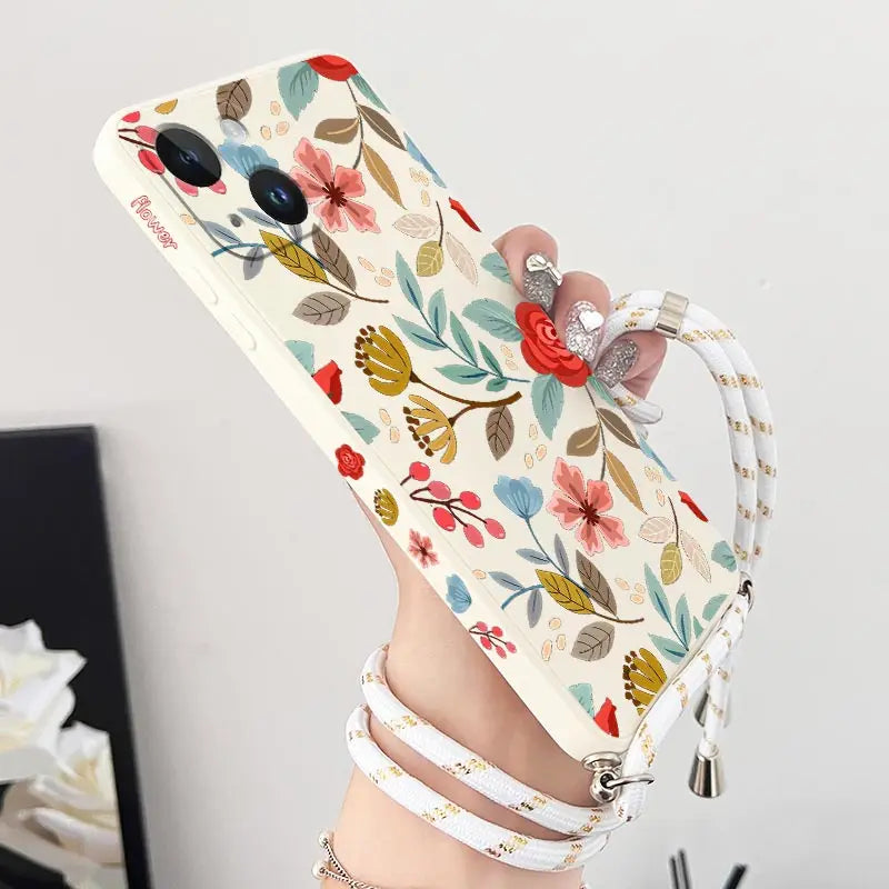 Five Petals Flower Crossbody Lanyard Silicone Phone Case For iPhone 13 15 12 14 11 Pro Max Mini X XR XS 8 7 6 6S Plus Cover