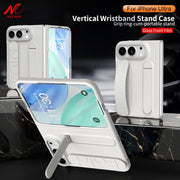 For iPhone Duo Cases Luxury Wristband Folding Bracket Case for iPhone Duo 2026 Fold Wrist Strap Built-in Screen Protector Cover