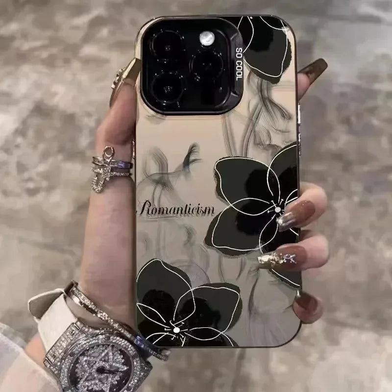Vintage black floral Phone Case For iPhone 11 13 12 Pro Max 16E 16 15 14 Plus Colorful Silver IMD Shock-proof Rear Phone Cover