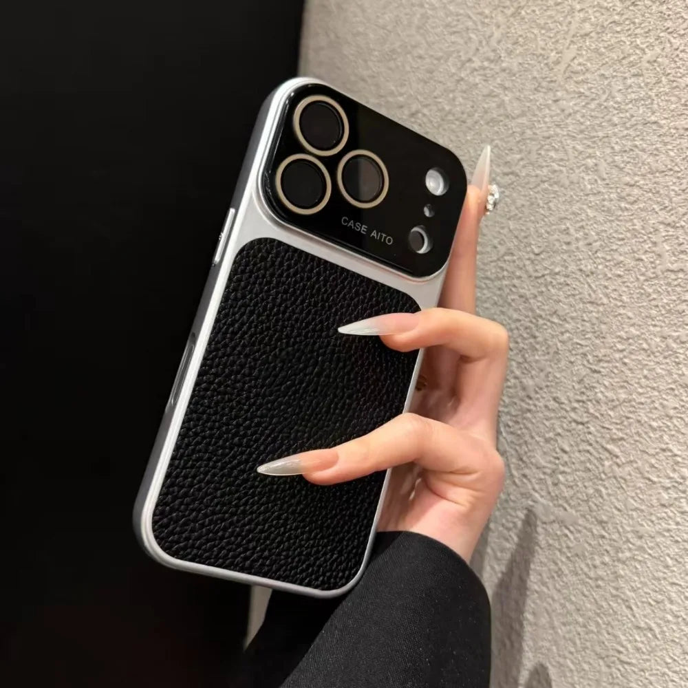 Litchi Pattern Phone Case Matte Textur Glass Large Window Phone Shockproof Case with Hanging Holes for iPhone17 ProMax/17 Pro