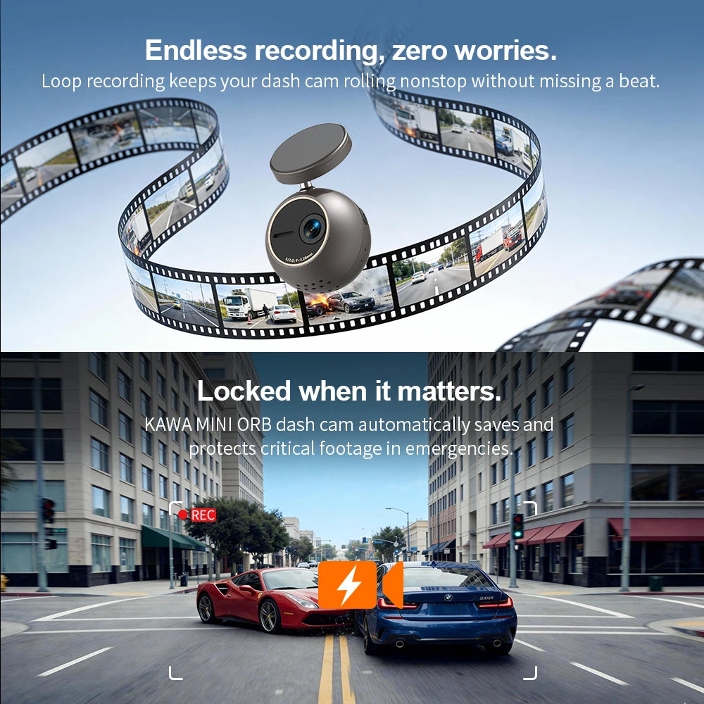 Dash Cam KAWA MINI ORB Tiny Video Recorder 2K Car DVR,Voice Control Car Camera,360° Rotate,180° Video Flip AUTO Dash Camera