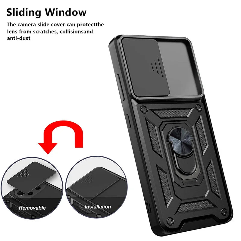 Slide Camera Lens Armor Case For Samsung Galaxy S24 S23 S22 Ultra S21 S20 FE Plus A51 A71 A53 A54 A34 Magnetic Ring Stand Cover
