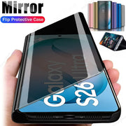 Mirror Flip Luxury Cases For Samsung Galaxy S26 Ultra S25 S23 S22 S21 Plus Fe Note 20 S24 Ultra Leather Texture Shockproof Cover