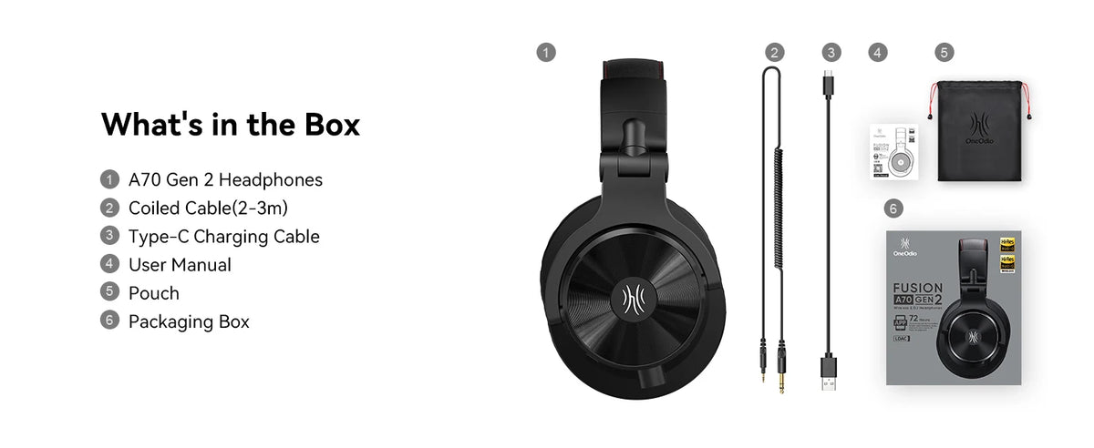 Oneodio A70 Gen 2 Wireless Bluetooth 6.0 Headphones With Hi-Res LDAC Audio 72Hrs Over Ear Studio Wired DJ Headset APP Support