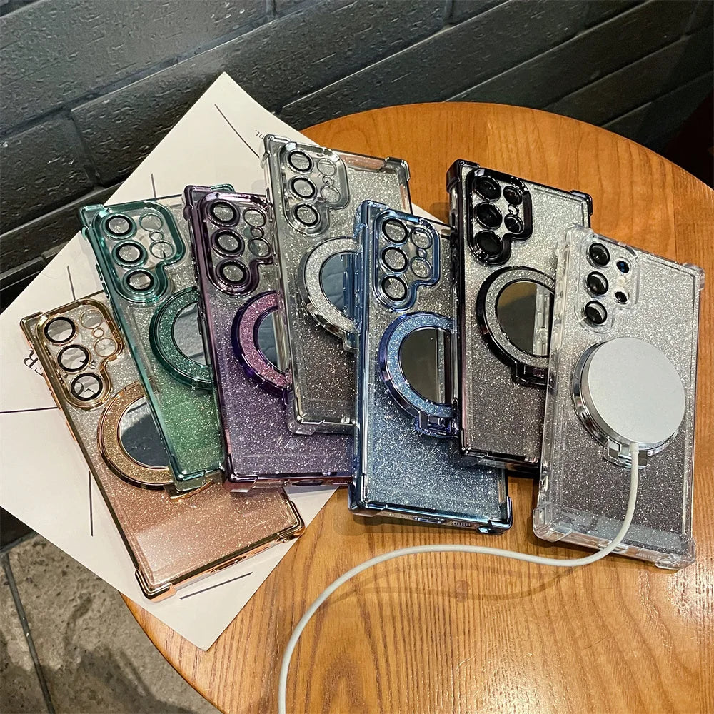 Glitter Magnetic Mirror Stand Holder Case For Samsung S24 S23 S22 S21 S20 Note 20 10 Ultra Plus FE For Magsafe Shockproof Cover