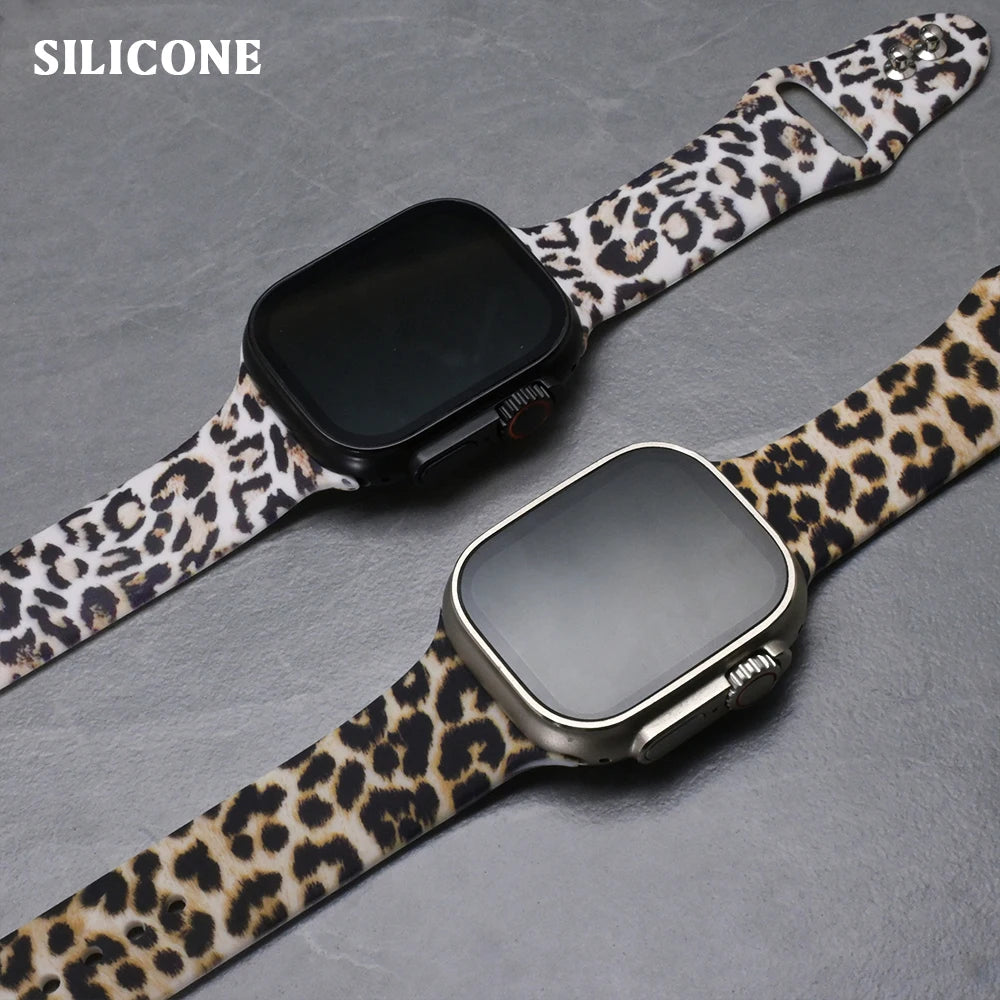 Silicone Leopard Printed Watchband for Apple Watch Ultra 4 3 49mm 40 42mm 44 Bracelet for IWatch Series 12 11 10 46mm 9 41 45mm