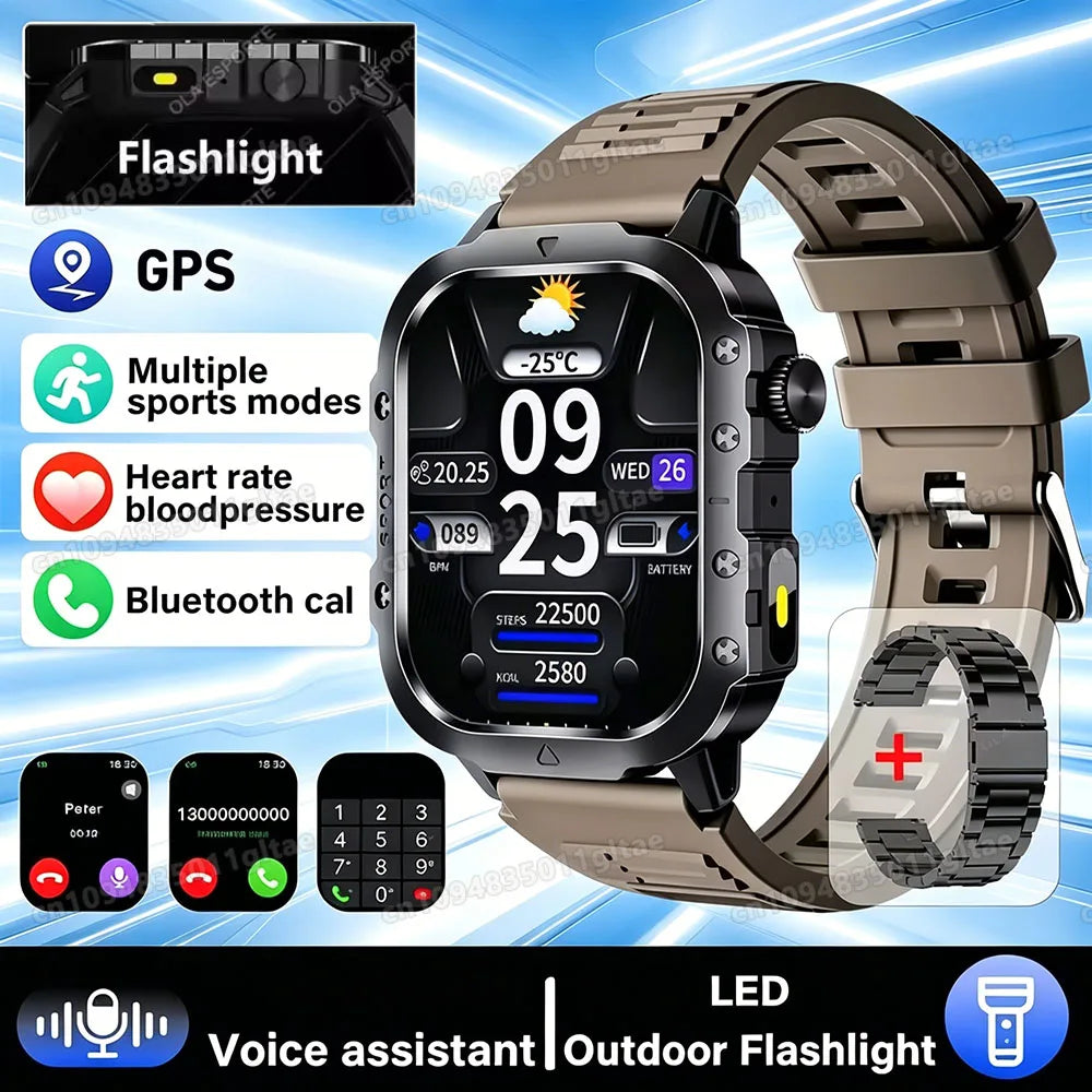 2026 New Military-grade Smart Watch Men GPS Flashlight 3ATM Waterproof Watch Bluetooth Call 100+Sport Outdoor Smartwatch Pk Hw12