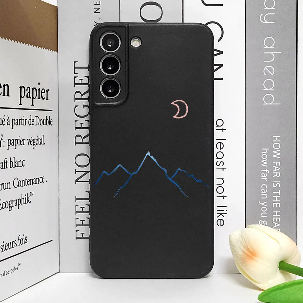 Simple Sun Moon Mountain Couples Painted Phone Case For Samsung Galaxy S23 S24 S25 Ultra S22 S21 S20 Plus FE A15 A54 A55 Cover