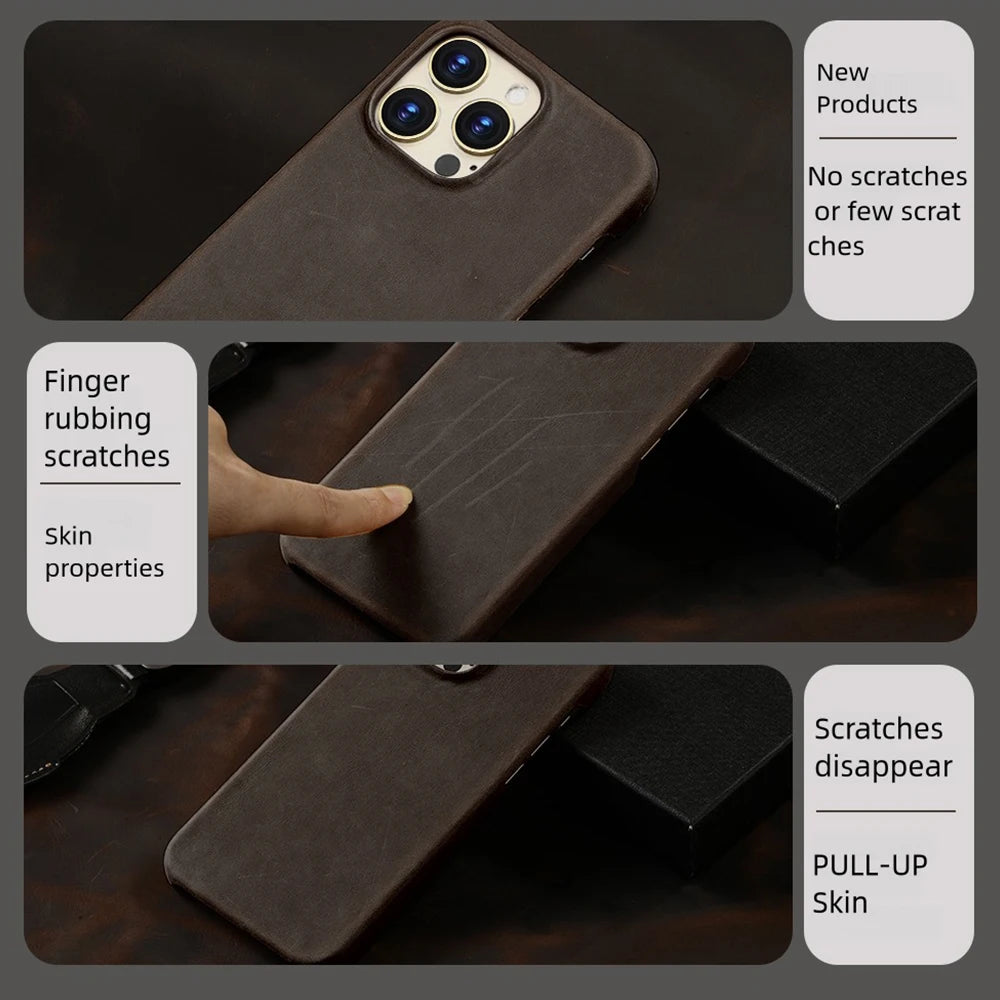 Retro Cowhide Phone Case for iPhone 17 16 15 13 14 Pro Max Air 16Pro 17Pro Luxury Crazy Horse Genuine PULL-UP Leather Back Cover
