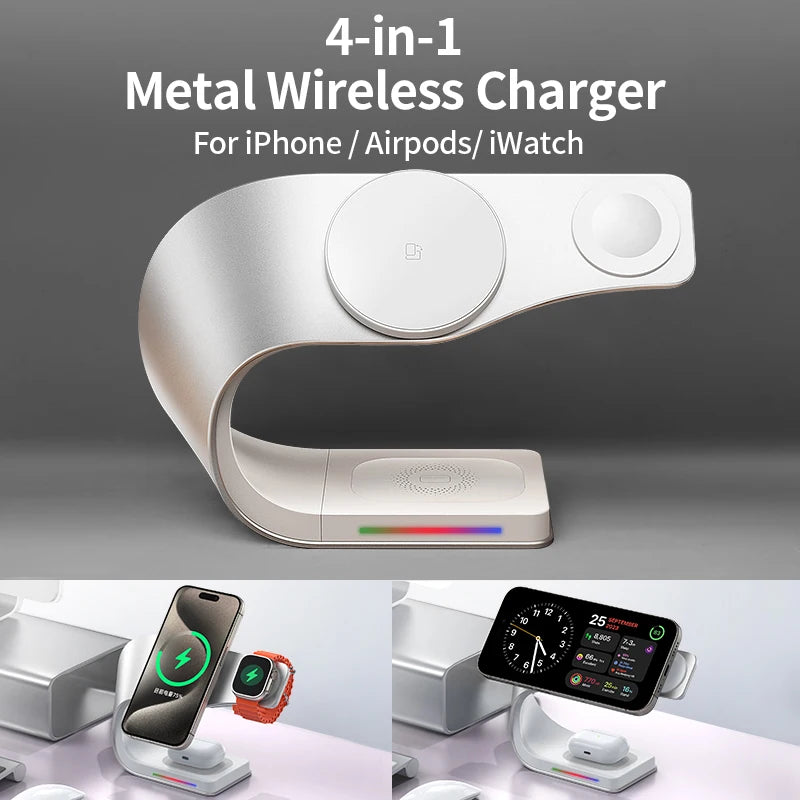 Wireless Charger Stand Metal Shell Magnetic 15W Fast Charging Station Stand for iPhone 12-17 Mobile Phones  Airpods Watch 4 in 1